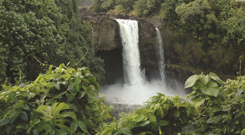 A wide shot of a waterfall in Hawaii
