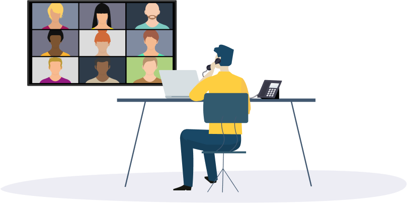 figure at desk on zoom meeting figure at desk on zoom meeting